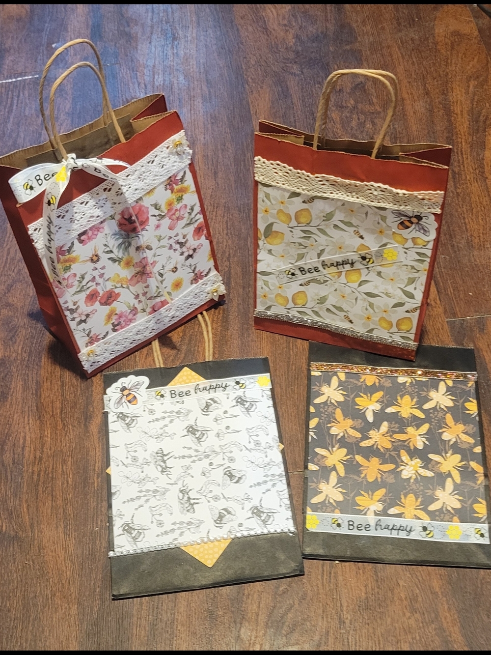 4 Handmade Bee Happy Gift Bags - Floral & Lemon Designs